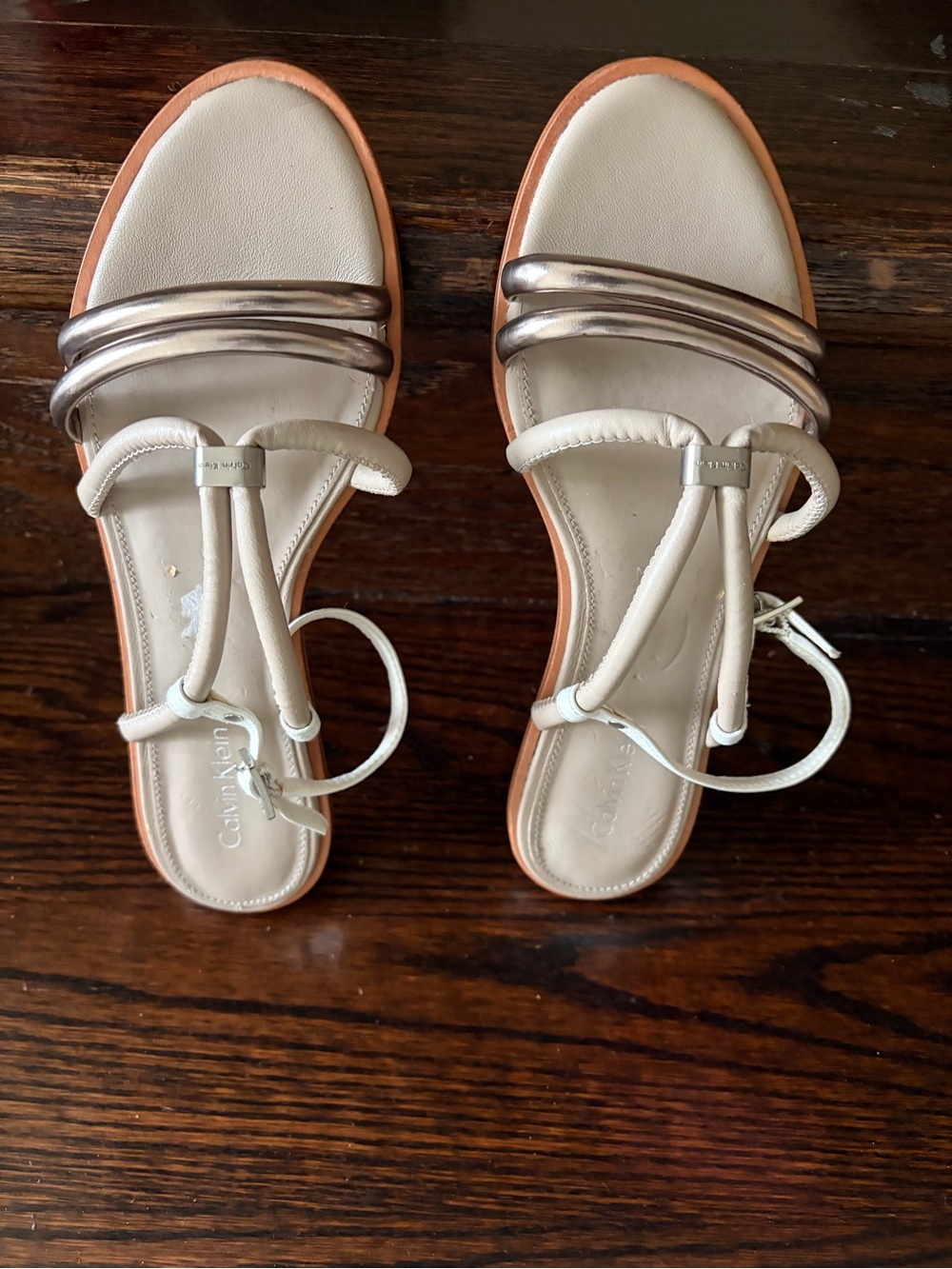 Calvin Klein Cream Leather Sandals with Metallic Bronze Straps